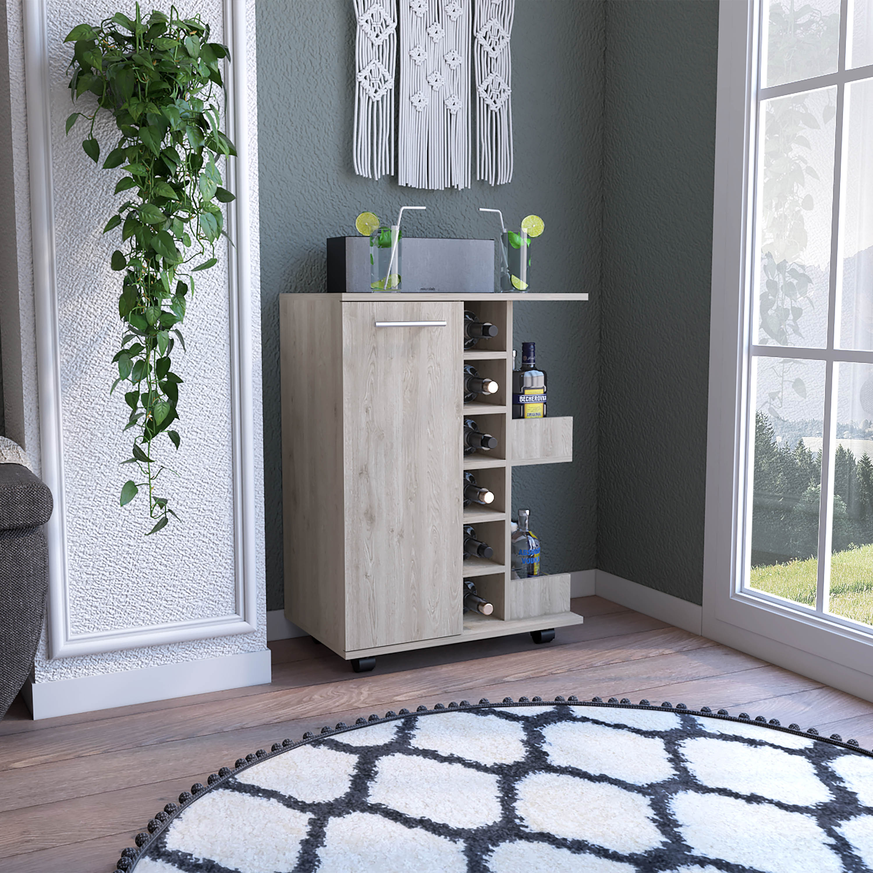 Bar Cart, Two External Shelves, Four Casters, Six Built-in Wine Rack, Single Door Cabinet -Light Gray